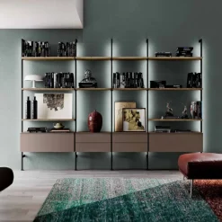 Libreria a parete con pali in alluminio moderna componibile con cassetti disponibile in vari colori
