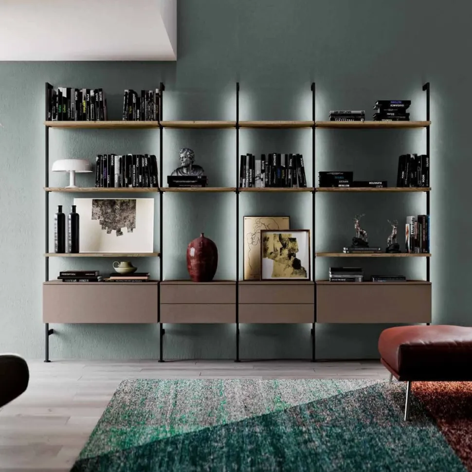Libreria a parete con pali in alluminio moderna componibile con cassetti disponibile in vari colori