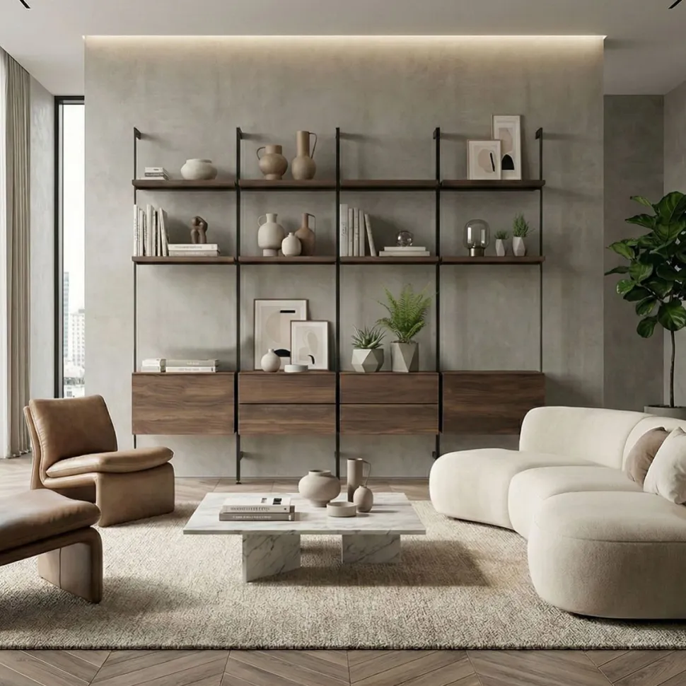 Libreria a parete con pali in alluminio moderna componibile con cassetti disponibile in vari colori L250