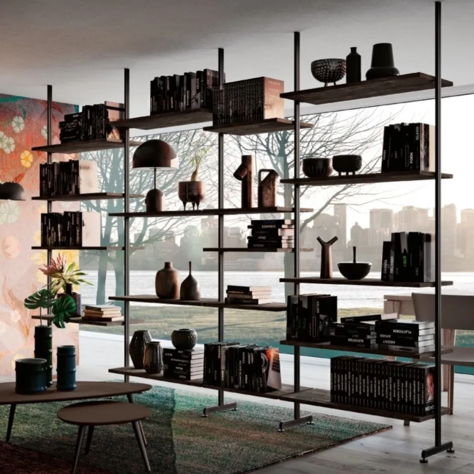 Libreria a soffitto centro stanza con montanti in Alluminio e mensole in Legno