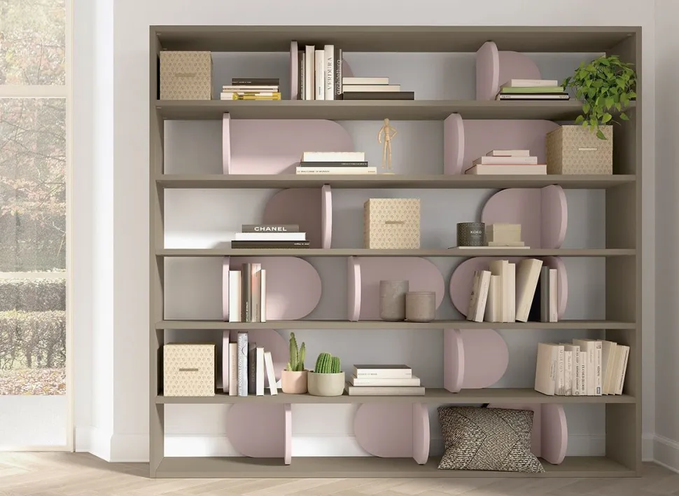 Libreria componibile bifacciale con divisori colorati disponibile in 18 misure