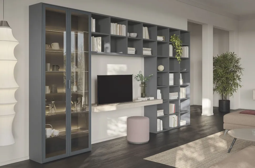 Libreria con ante in Vetro e scrivania sospesa disponibile in vari colori