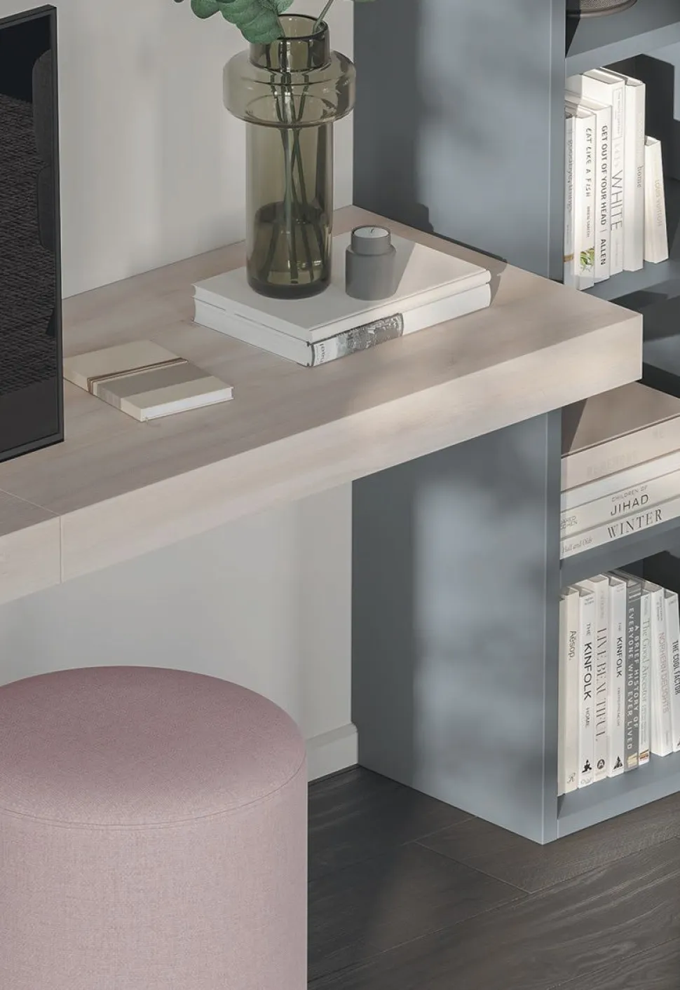 Libreria con ante in Vetro e scrivania sospesa disponibile in vari colori