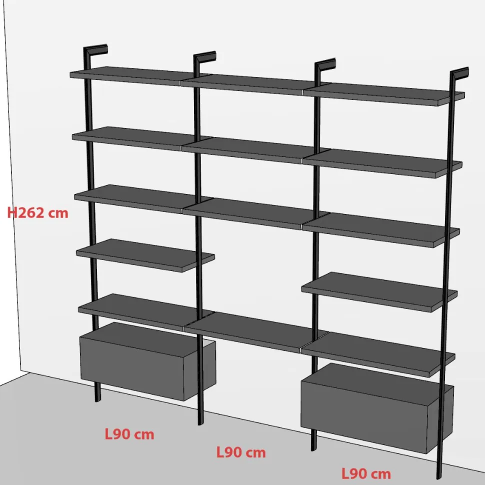 Libreria con palo in alluminio, mensole e pensili personalizzabile L 276.4cm