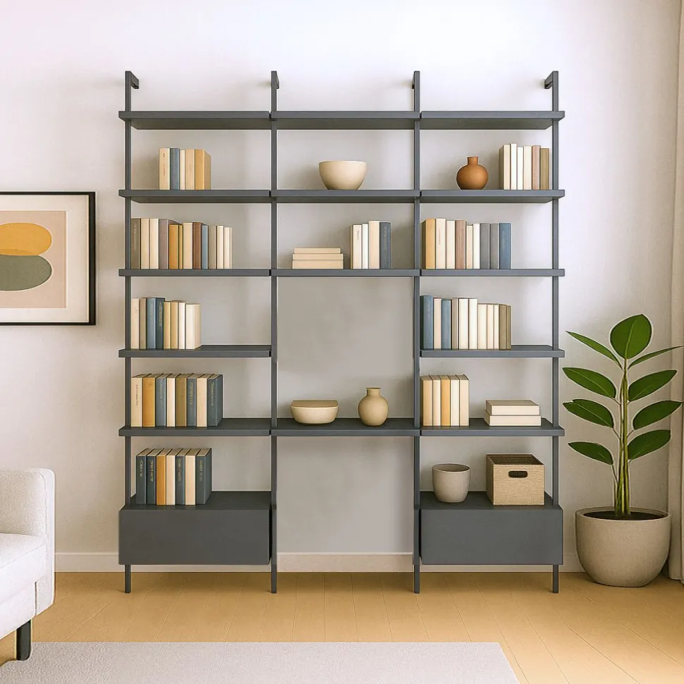 Libreria con palo in alluminio, mensole e pensili personalizzabile L 276.4cm