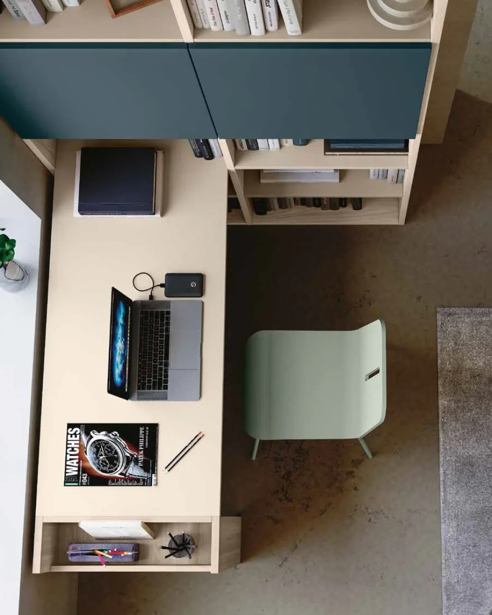 Libreria con Scrivania Integrata Olmo e blu Petrolio per cameretta Moderna disponibile in 2 misue e vari colori