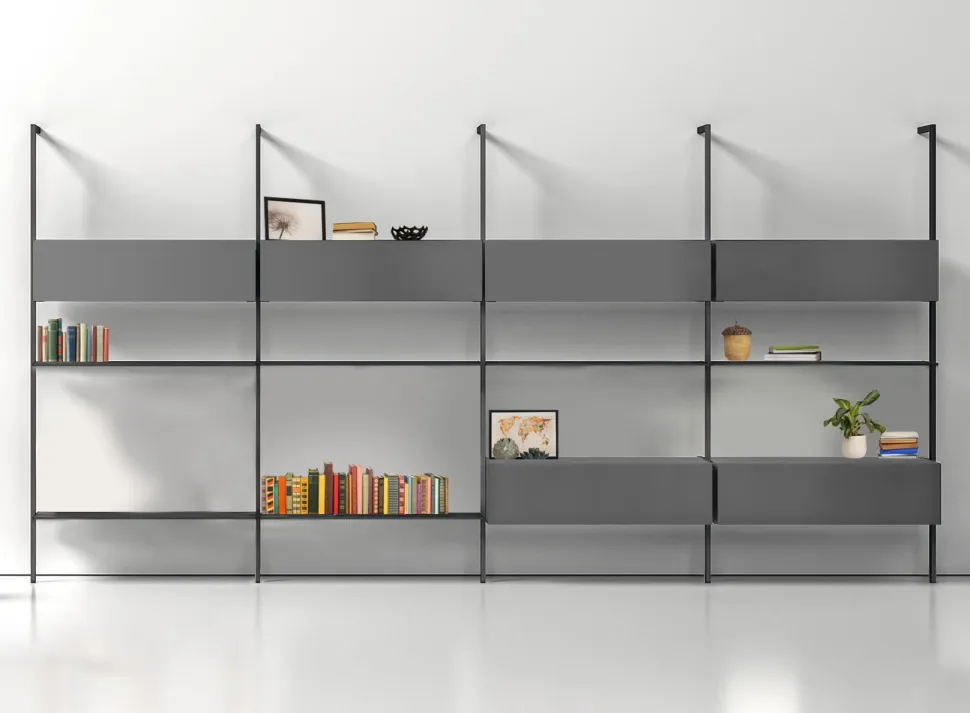 Libreria da parete con palo in alluminio BIG con mensole e pensili personalizzabili