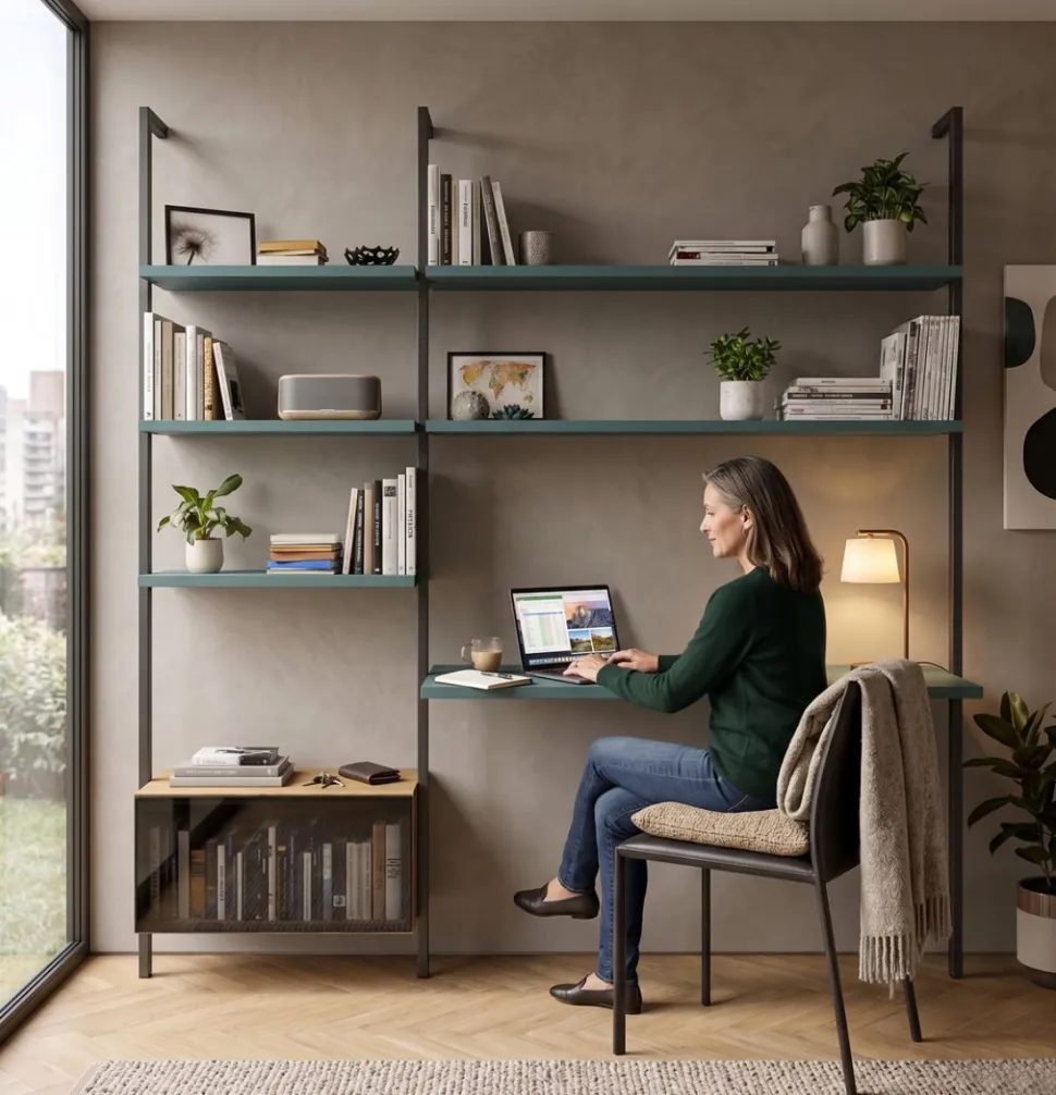 Libreria da parete con palo in alluminio, mensole, pensili con anta in vetro e scrivania personalizzabile