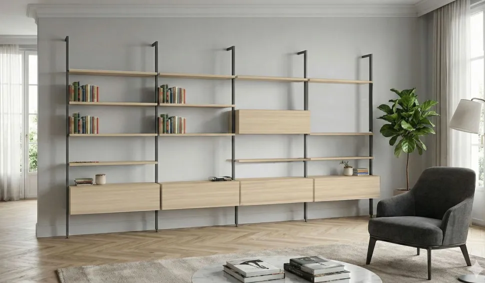 Libreria da parete con palo in alluminio Ardesia e pensili in Noce Naturale