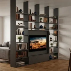 Libreria Divisoria a Soffitto con vano TV girevole e struttura Bifacciale in Vari Colori