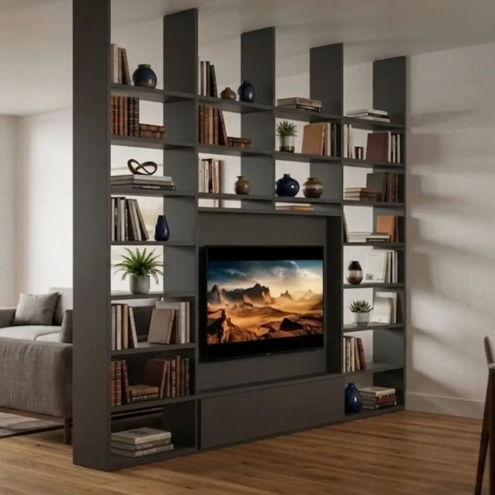Libreria Divisoria a Soffitto con vano TV girevole e struttura Bifacciale in Vari Colori