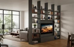 Libreria Divisoria a Soffitto con vano TV girevole e struttura Bifacciale in Vari Colori