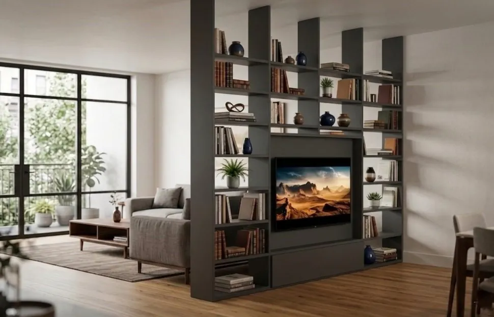 Libreria Divisoria a Soffitto con vano TV girevole e struttura Bifacciale in Vari Colori