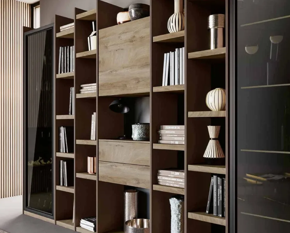 Libreria moderna componibile con cassetti e vetrine disponibile in vari colori