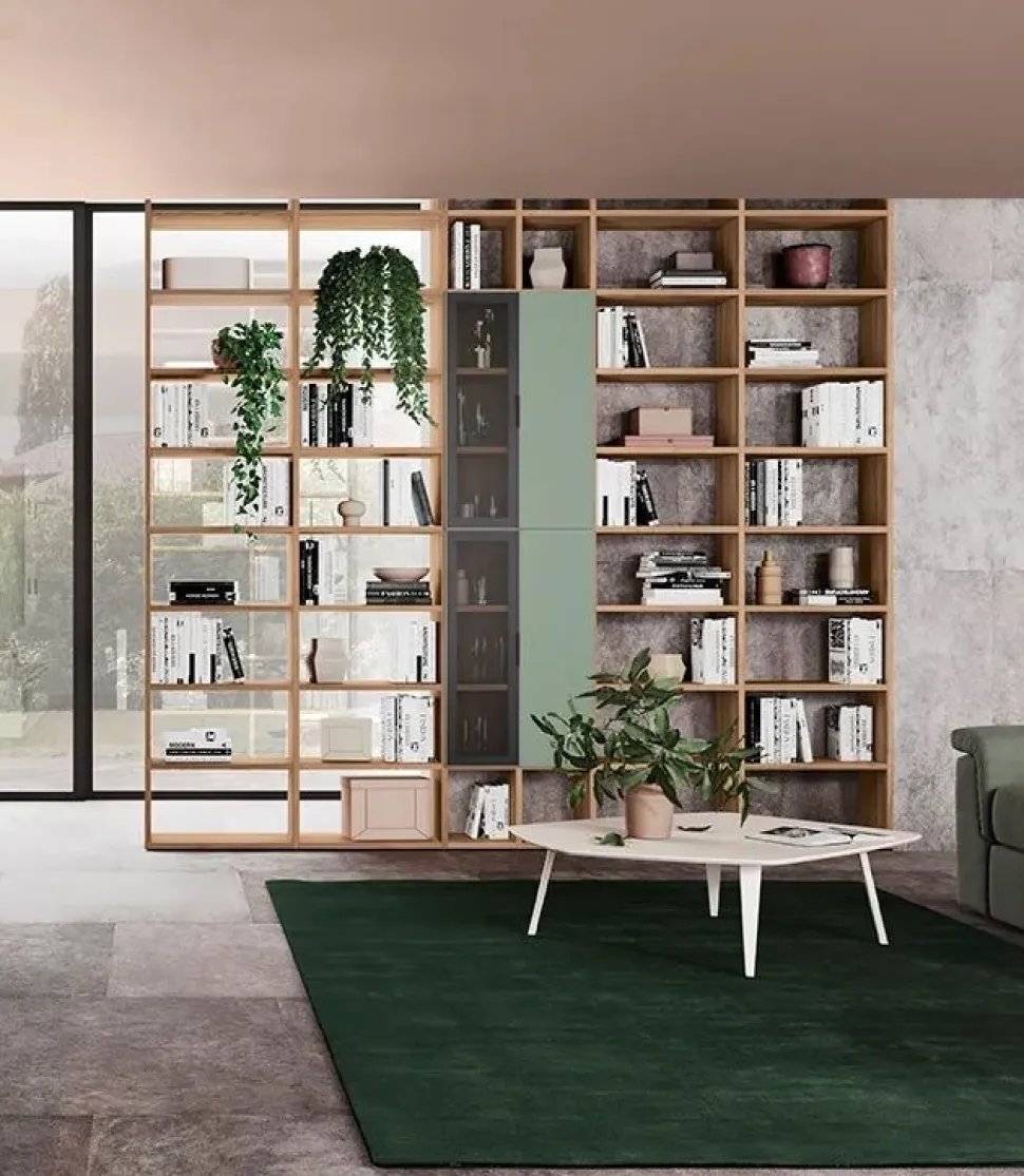 Libreria modulare bifacciale con 2 ante in vetro linea Cosmo disponibile in vari colori