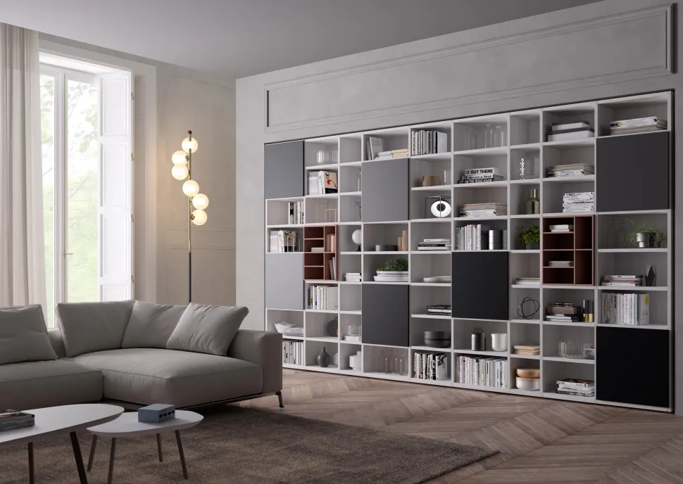 Libreria personalizzabile con ante a battente Beky linea Contact in Nero Opaco e Bianco