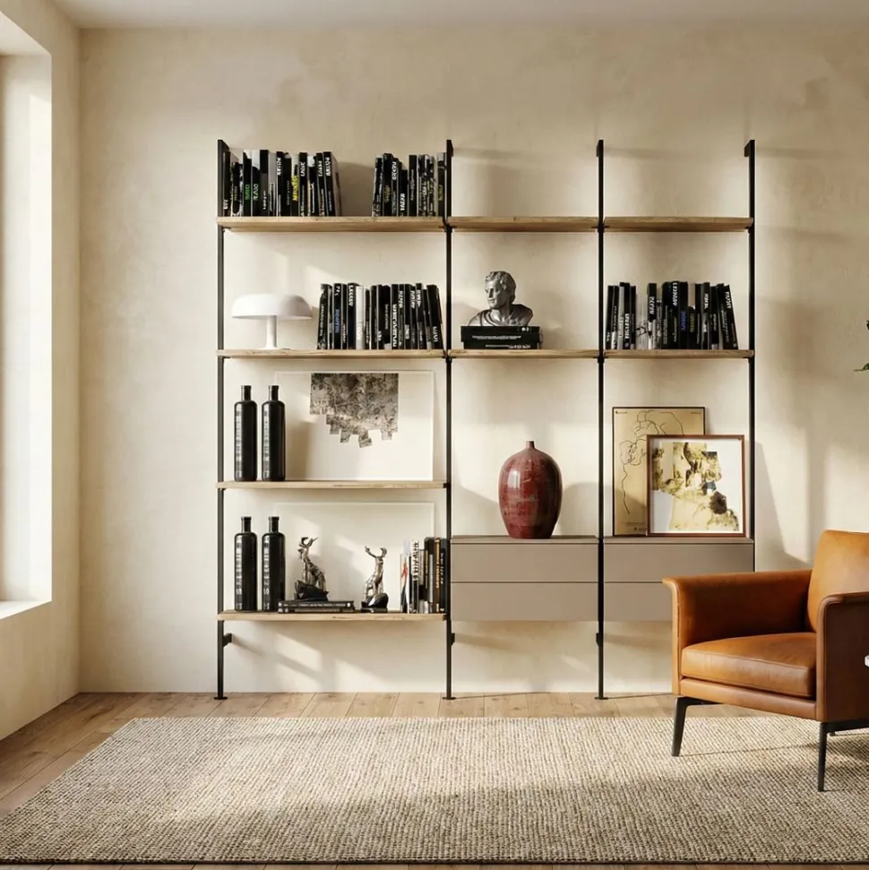 Libreria regolabile moderna con pali in alluminio componibile con mensole e cassetti disponibile in vari colori