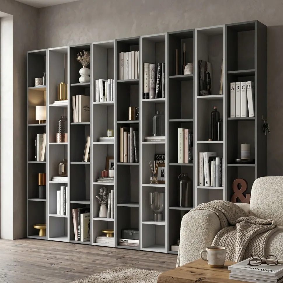 Libreria Roy linea Arte in finitura Gesso e Ardesia