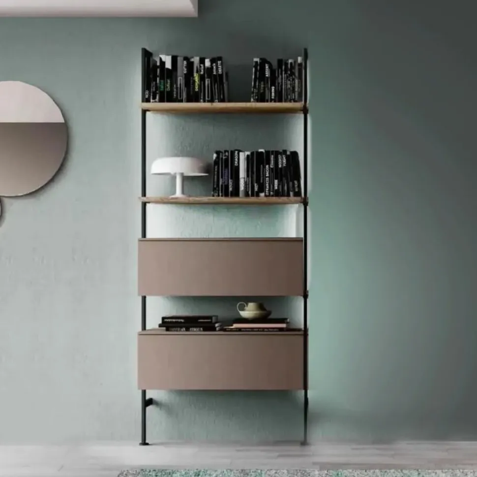 Libreria singola a muro moderna con pali in alluminio componibile con mensole e pensili disponibile in vari colori
