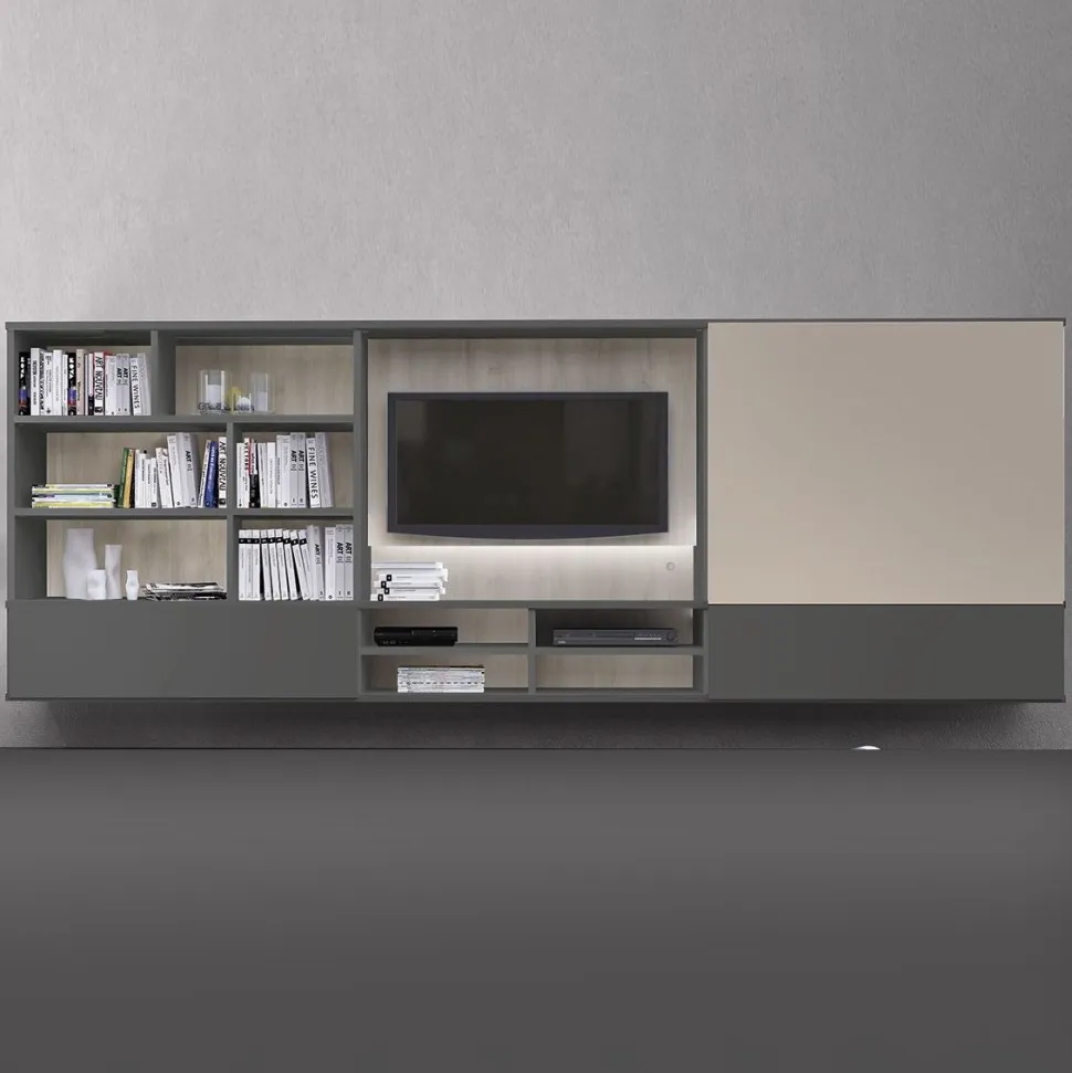 Libreria sospesa con vano TV e ante scorrevoli disponibile in vari colori