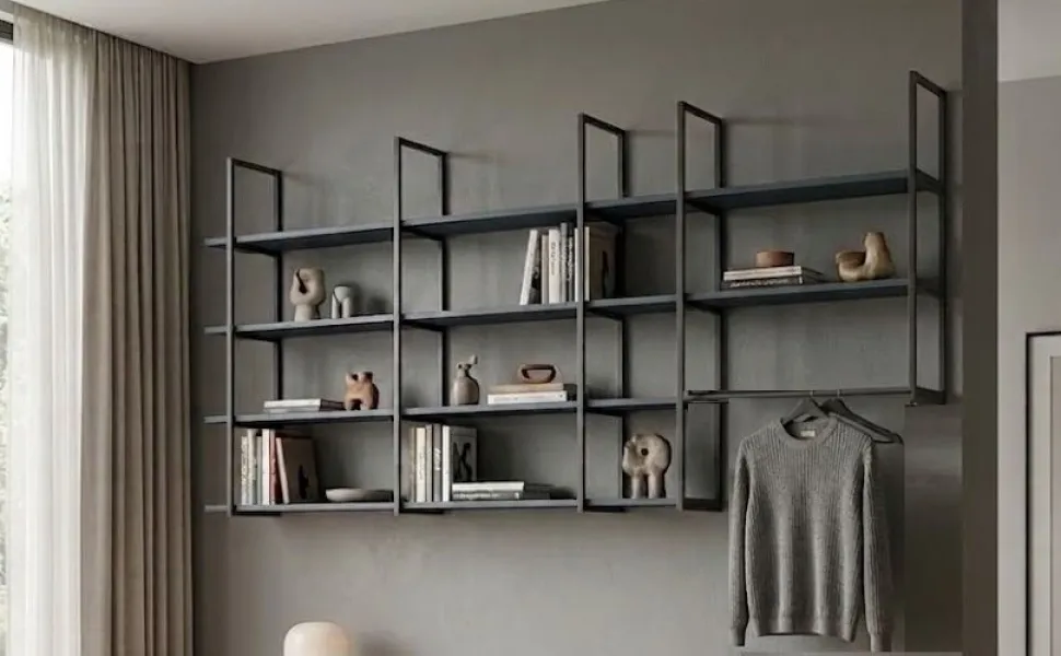Libreria Sospesa modulare in legno e metallo con asta appendiabiti integrata vari colori