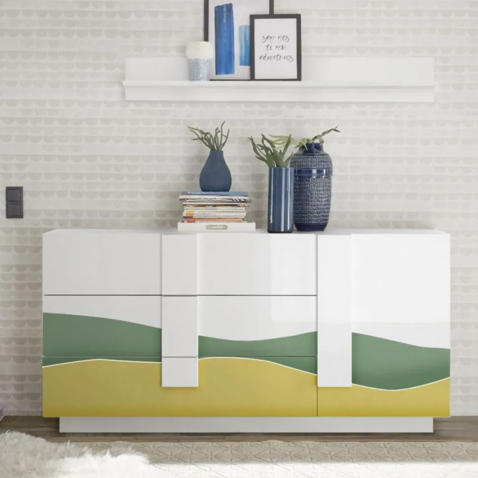 Madia 1 anta e 3 cassetti linea Sax in finitura Bianco Lucido con serigrafia