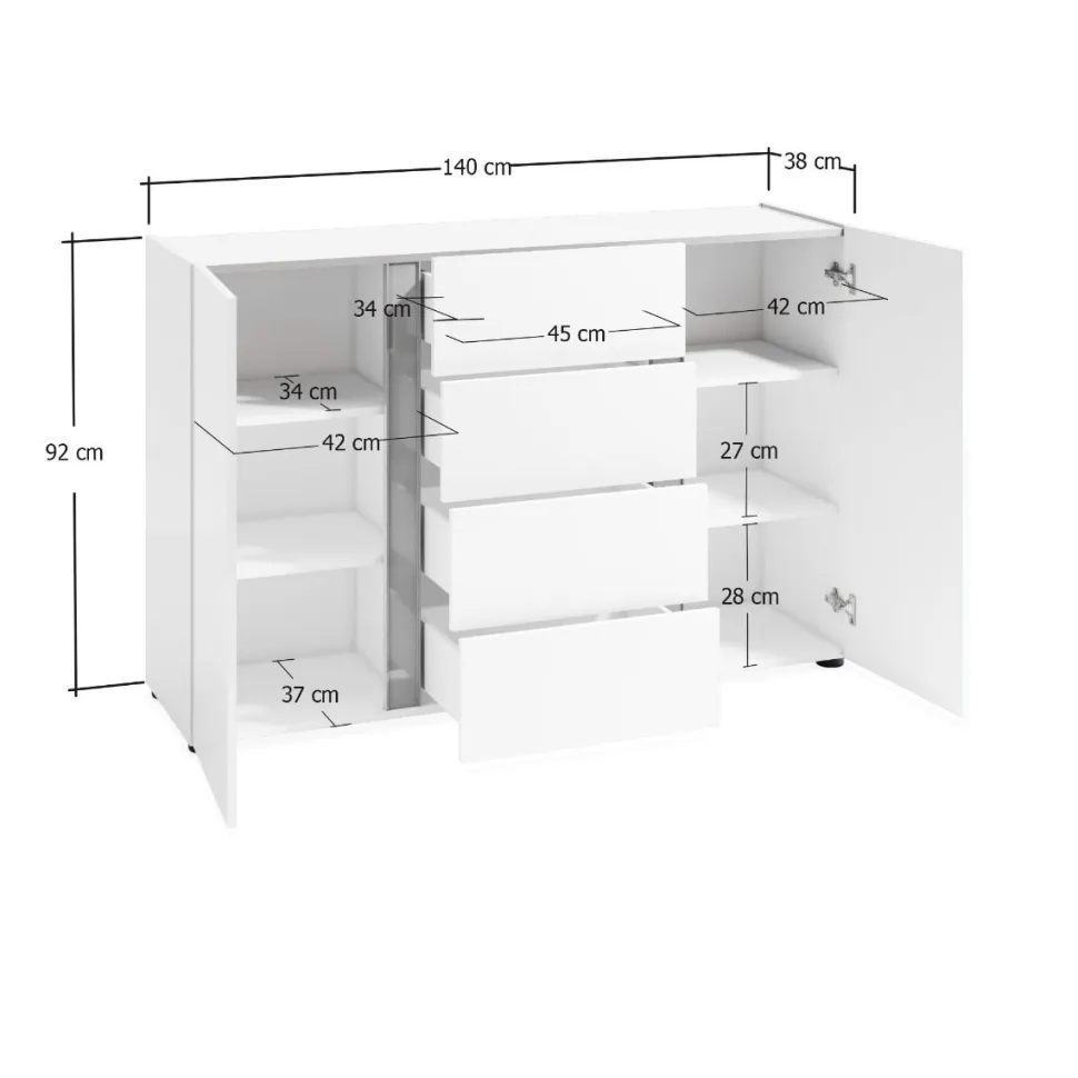 Madia 2 ante battenti e 4 cassetti Gea in Bianco Lucido e Antracite Piet Mondrian