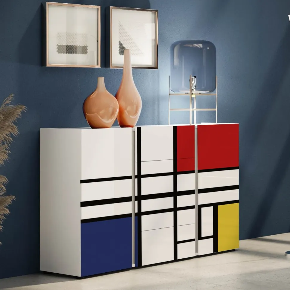 Madia 2 ante battenti e 4 cassetti Gea in Bianco Lucido e Antracite Piet Mondrian
