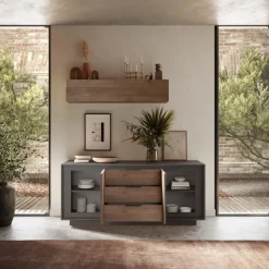 Madia 2 ante battenti e 3 cassetti linea Natural in finitura Lava e Rovere Mercure