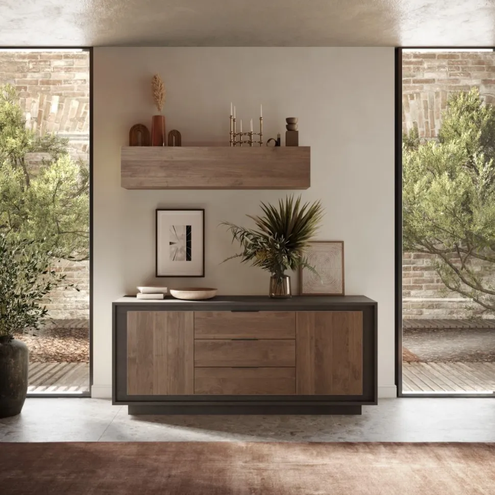 Madia 2 ante battenti e 3 cassetti linea Natural in finitura Lava e Rovere Mercure