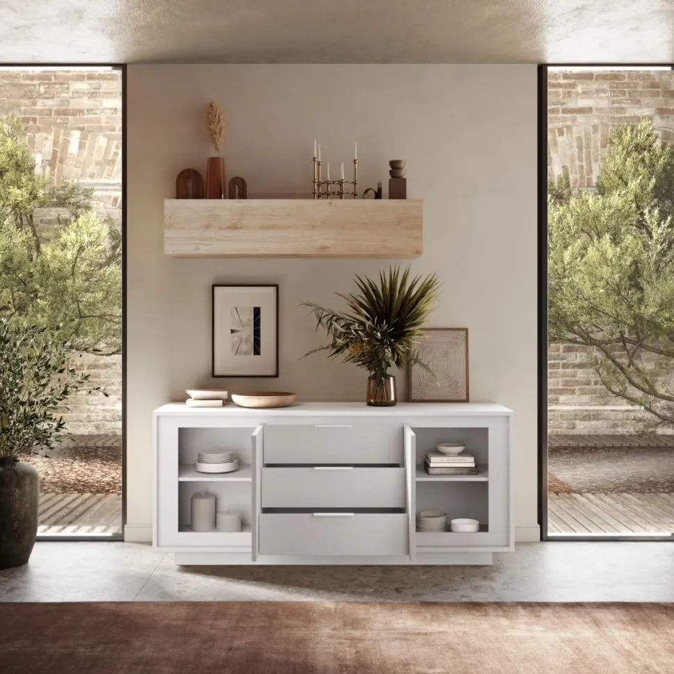 Madia 2 ante battenti e 3 cassetti linea Pure in finitura Bianco laccato opaco