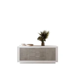 Madia 2 ante battenti e 3 cassetti in bianco laccato opaco e pannelli effetto beton linea Beton