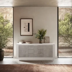 Madia 2 ante battenti e 3 cassetti in bianco laccato opaco e pannelli effetto beton linea Beton