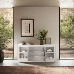 Madia 2 ante battenti e 3 cassetti in bianco laccato opaco e pannelli effetto beton linea Beton