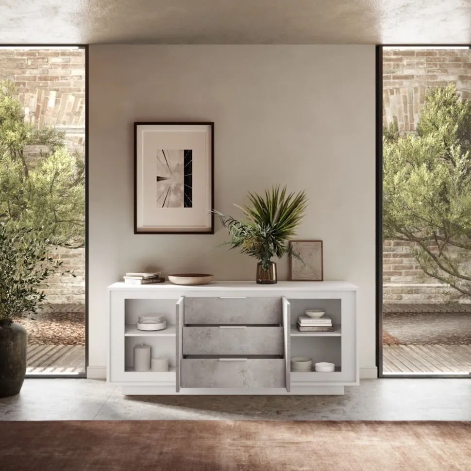 Madia 2 ante battenti e 3 cassetti in bianco laccato opaco e pannelli effetto beton linea Beton