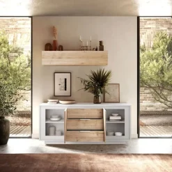 Madia 2 ante battenti e 3 cassetti linea Pear in finitura Bianco opaco e Rovere Cadiz