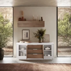 Madia 2 ante battenti e 3 cassetti linea Pear in finitura Bianco opaco e Rovere Mercure
