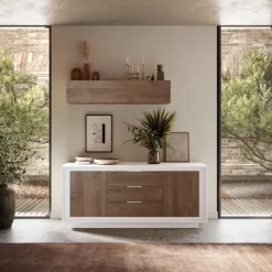 Madia 2 ante battenti e 3 cassetti linea Pear in finitura Bianco opaco e Rovere Mercure