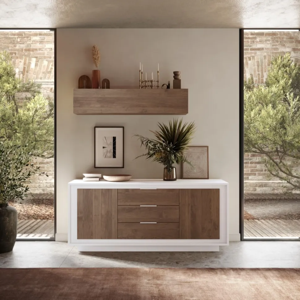 Madia 2 ante battenti e 3 cassetti linea Pear in finitura Bianco opaco e Rovere Mercure