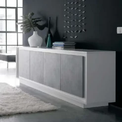 Madia 4 ante battenti linea Beton in bianco laccato opaco e pannelli effetto beton