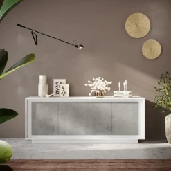 Madia 4 ante battenti linea Beton in bianco laccato opaco e pannelli effetto beton
