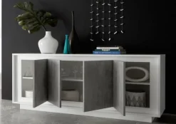 Madia 4 ante battenti linea Beton in bianco laccato opaco e pannelli effetto beton