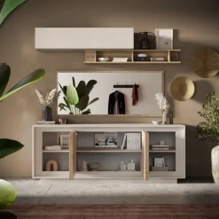 Madia 4 ante battenti linea Pear in finitura Bianco opaco e Rovere Cadiz con grafica
