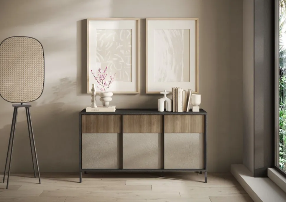 Madia 3 ante con serigrafia linea Sierra finitura Lava, Argilla e Rovere Mercure