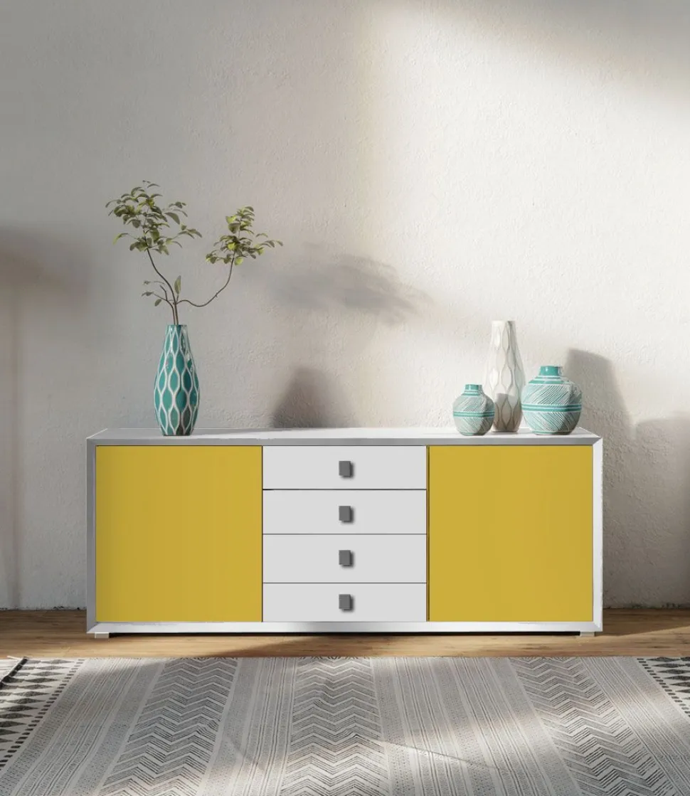 Madia 2 ante e 4 cassetti Bianco Opaco e Giallo miele linea Tilt