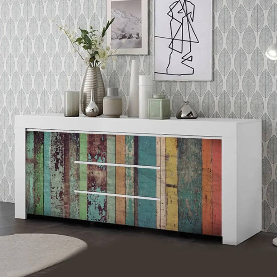 Madia 2 ante e 3 cassetti linea Clear Fancy in Bianco Opaco con grafica legno wood