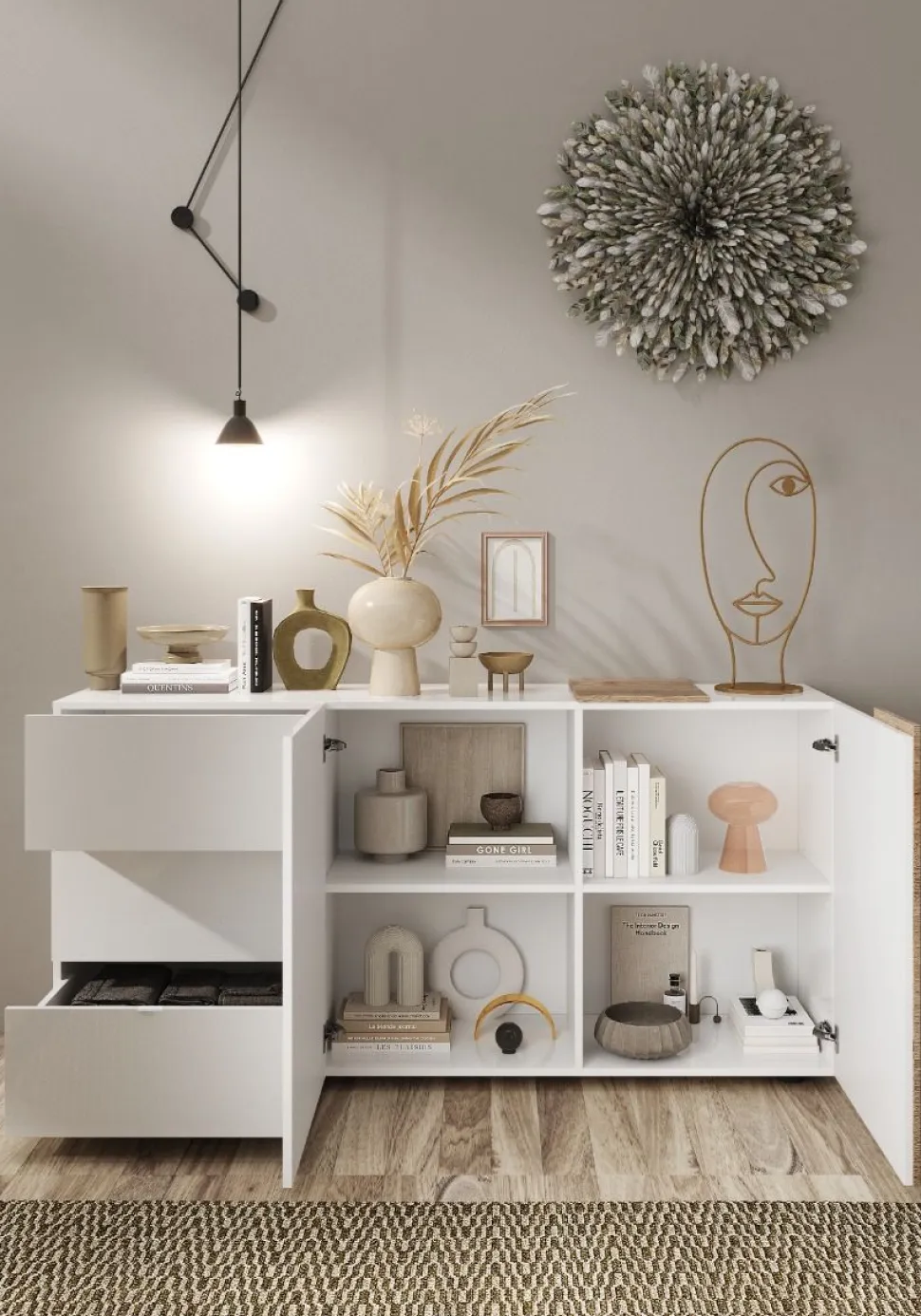Madia 2 ante e 3 cassetti linea Olimpo finitura Bianco Lucido e Rovere Kadiz
