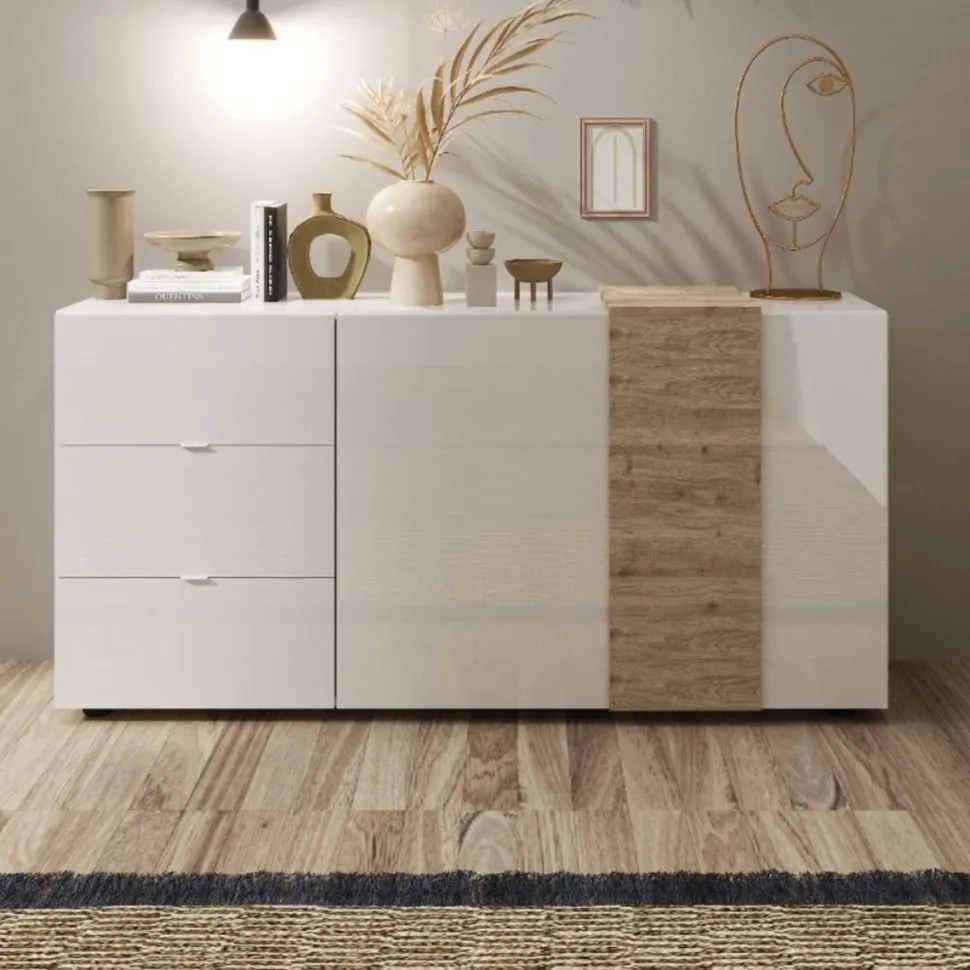 Madia 2 ante e 3 cassetti linea Olimpo finitura Bianco Lucido e Rovere Kadiz