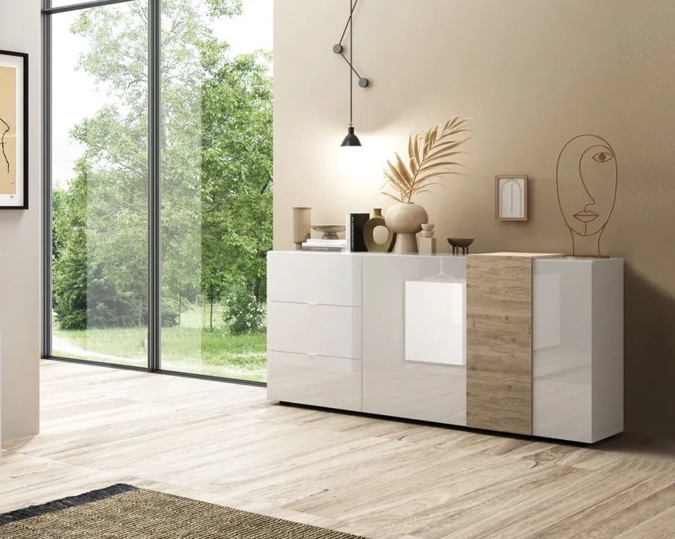 Madia 2 ante e 3 cassetti linea Olimpo finitura Bianco Lucido e Rovere Kadiz