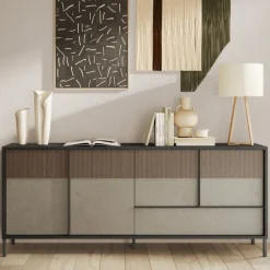 Madia 4 ante e 1 cassetto con serigrafia linea Sierra finitura Lava, Argilla e Rovere Mercure